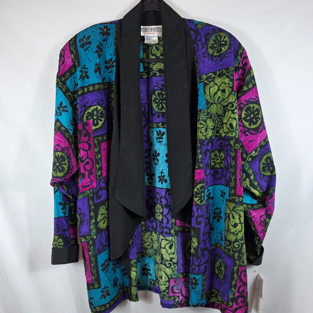 Peter Popovitch Colorful Print Jacket Size Petite Large Draped Shawl Collar NEW